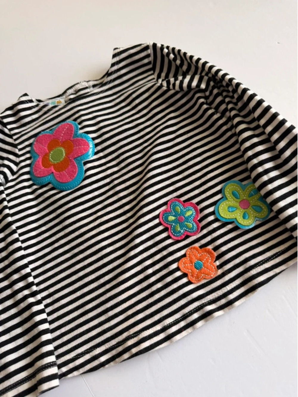 Vintage Miniwear Size 24 Months Black White Striped Floral Applique Top